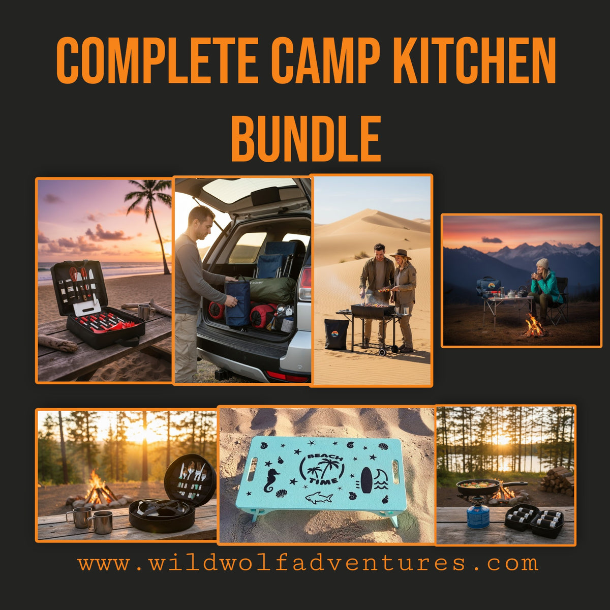 a complete kitchen setup on the go with picnic and dining set, stove carry bag, charcoal carry bag, cooking set, spices set and a portable table for camping overlanding and 4x4 safari wild wolf adventures cairo giza fayoum white desert egypt