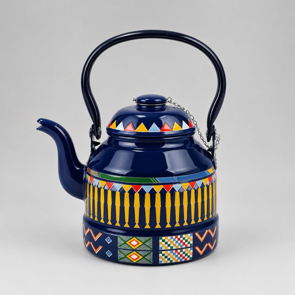 Dark Blue 1.1 L enamel-coated teapot with colourful geometric Bedouin  pattern, black handle and curved spout perfect for camping hiking overlanding fishing 4x4 safari wild wolf adventures egypt cairo fayoum giza wahat 