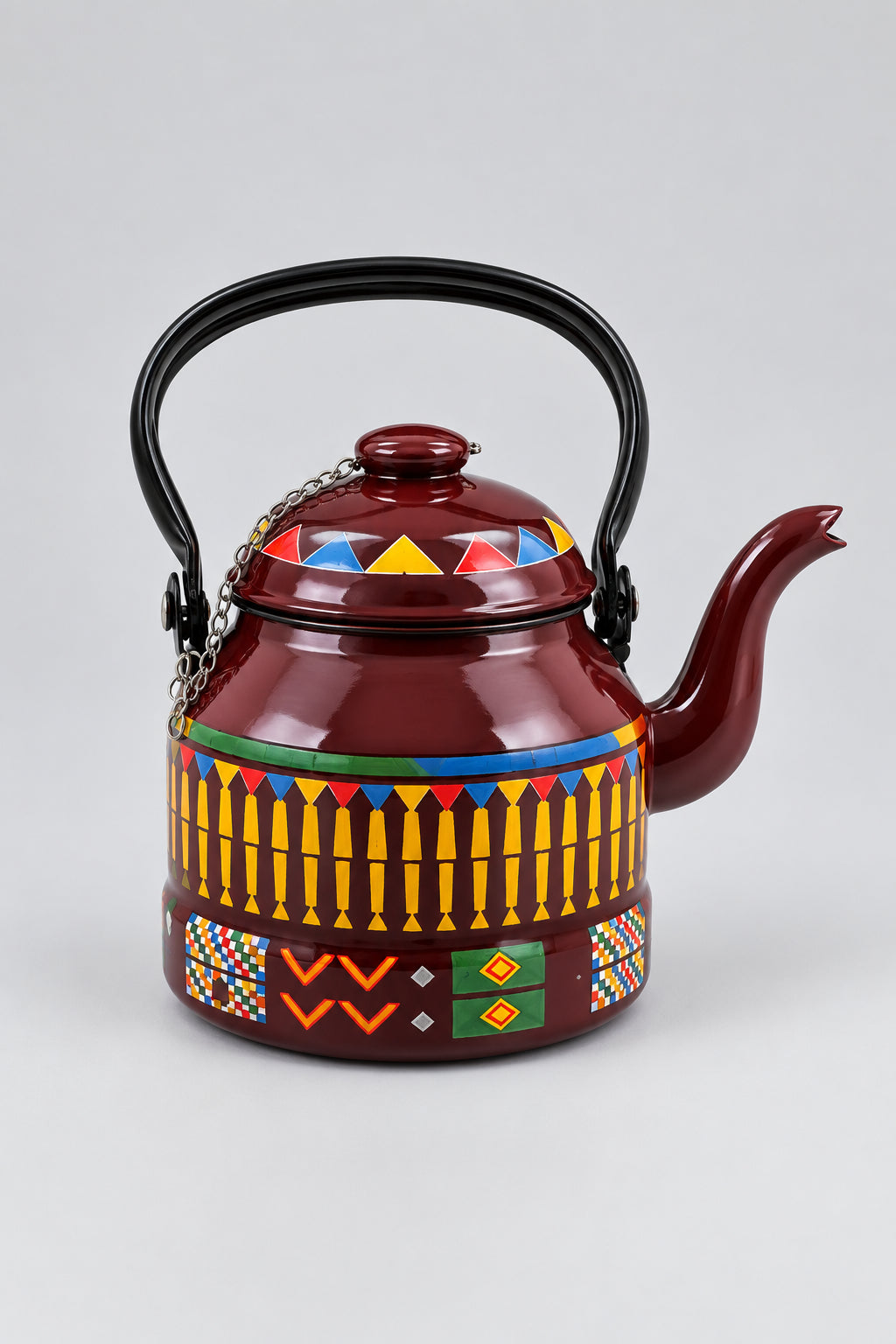 Dark Brown 1.1 L enamel-coated teapot with colourful geometric Bedouin  pattern, black handle and curved spout perfect for camping hiking overlanding fishing 4x4 safari wild wolf adventures egypt cairo fayoum giza wahat 