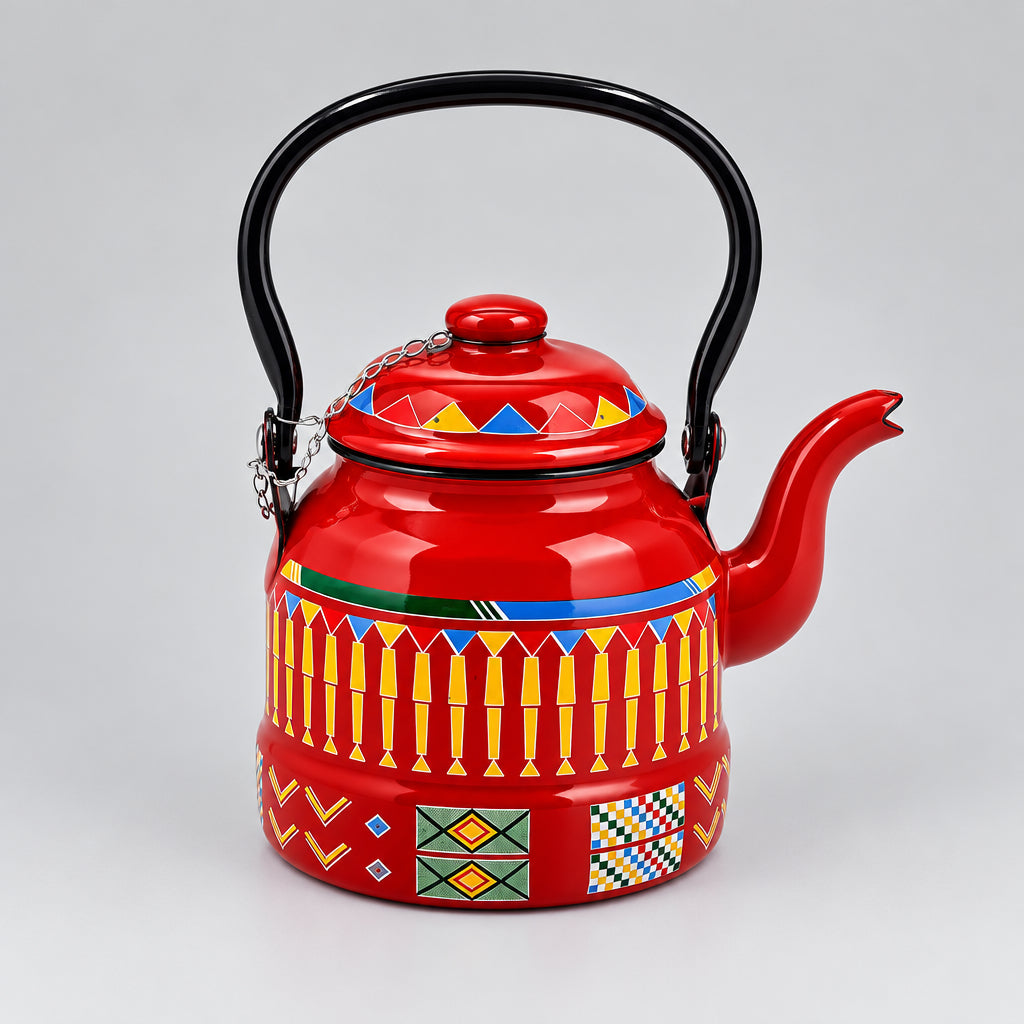 Bright red 1.1 L enamel-coated teapot with colourful geometric Bedouin  pattern, black handle and curved spout perfect for camping hiking overlanding fishing 4x4 safari wild wolf adventures egypt cairo fayoum giza wahat 