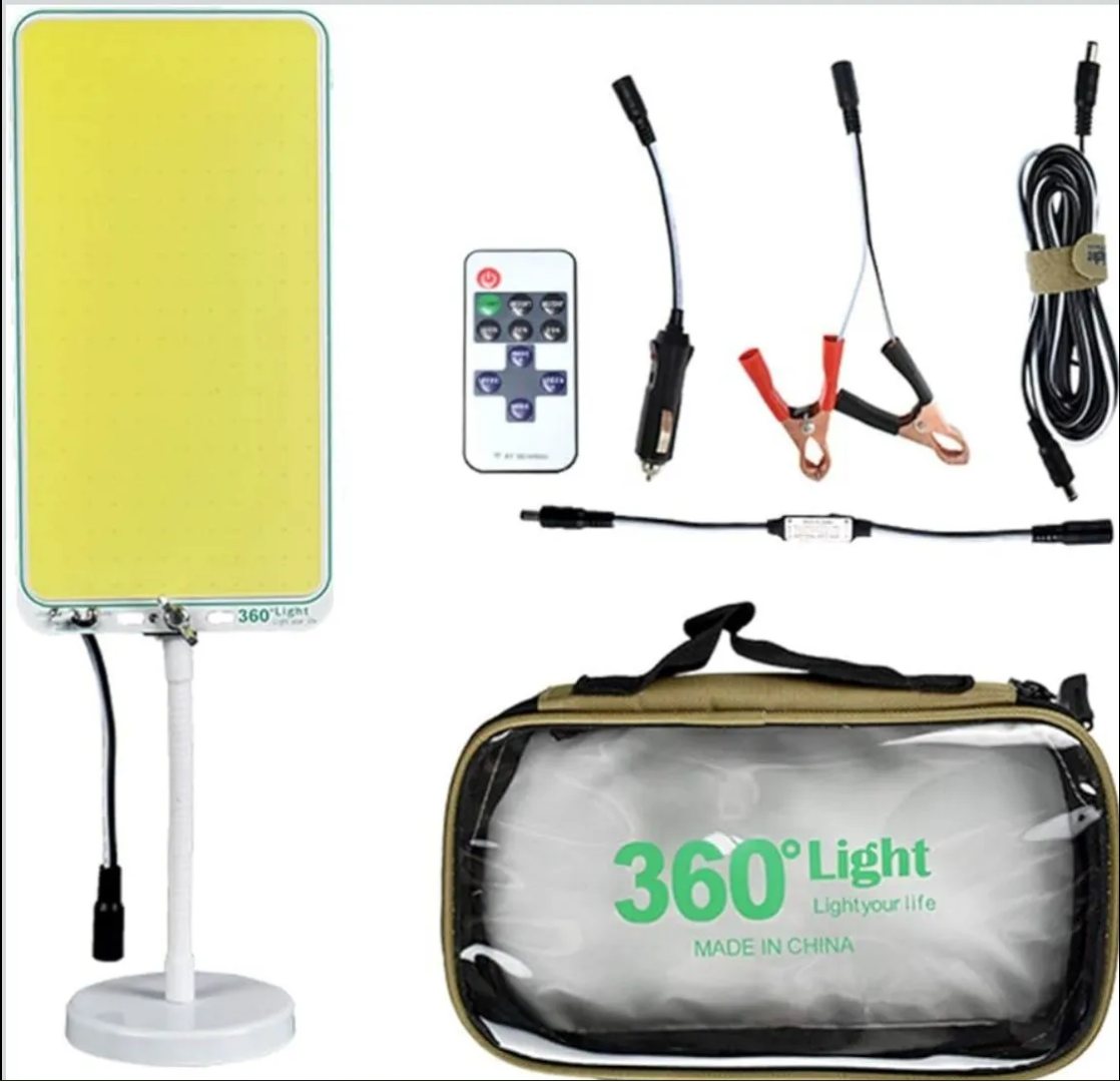 A 360-degree LED light kit shown on a white background, including a large yellow light panel on a magnetic stand, cables with alligator clips, a remote control, a power adapter, and a clear storage bag for camping and overlanding wild wolf adventures egypt  