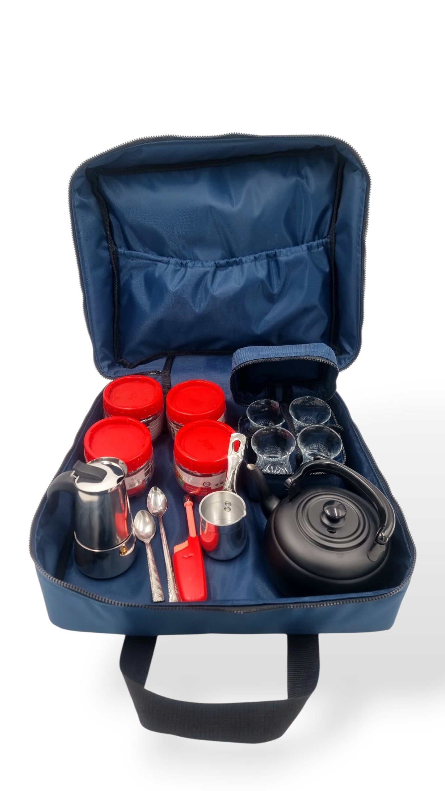 Outdoor camping hiking tea, turkish coffee, espresso and mokka set with durable waterproof carrying case with gasses, jars and spoons 