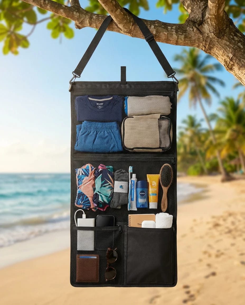 family travel friendly travel roll with mesh pockets and 1 dry pocket perfect for summer and vacation travelling. wild wolf adventures gouna sa7el cairo trendy smart travel roll 