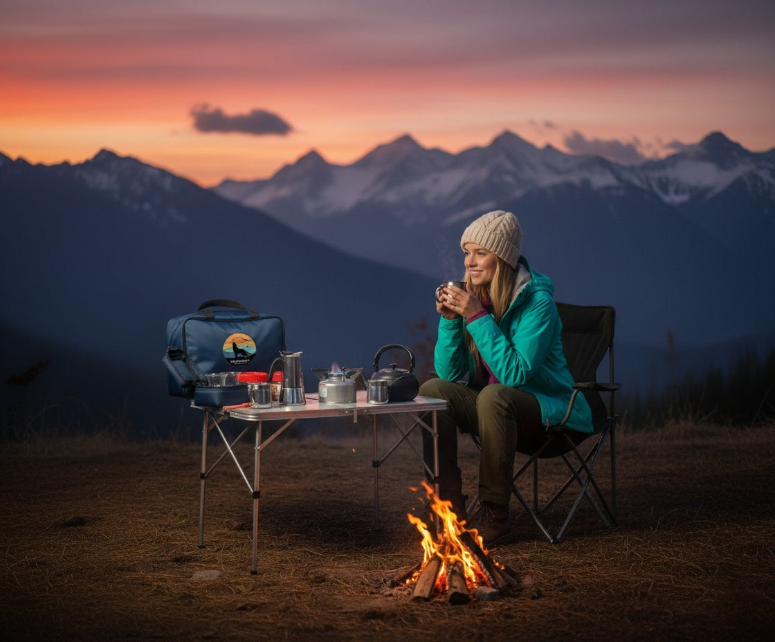 Person sitting by a campfire with mountains in the background, promotional image for tea and coffee bag.