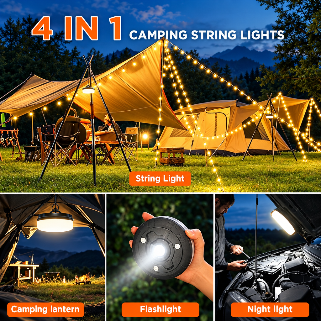 Camping string lights around tents with lantern and flashlight modes perfect for camping overlanding hiking 4x4 safari wild wolf adventures cairo egypt 