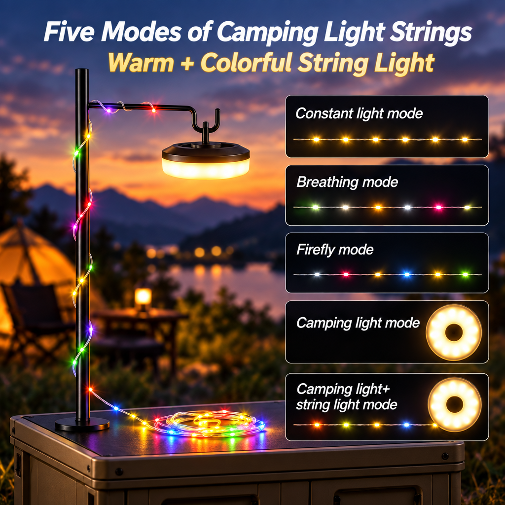 Camping led light and string lights shown with warm and colourful lighting modes with different mounting options wild wolf adventures cairo