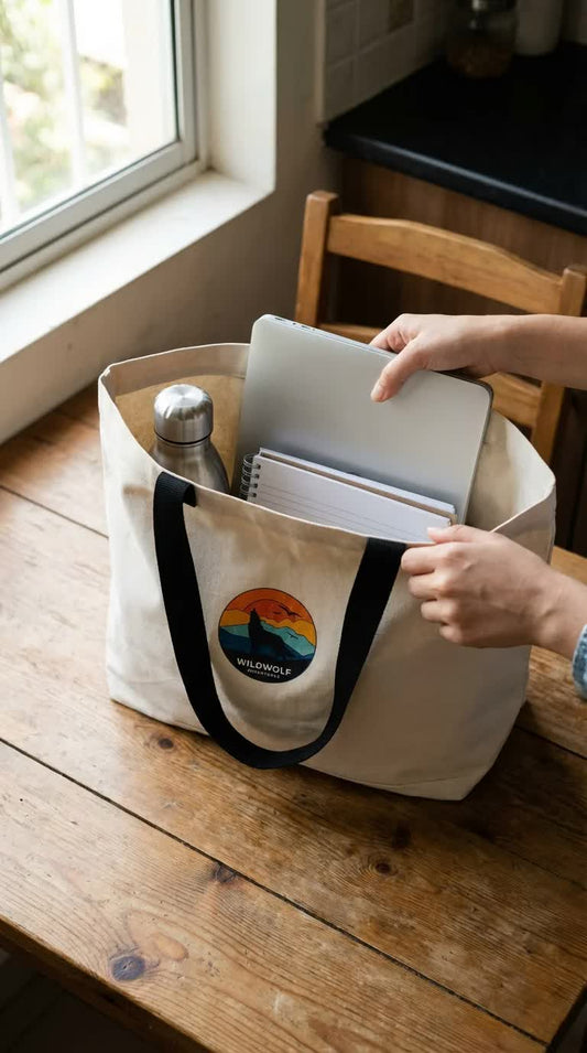 packing laptop and essentials inside spacious canvas tote bag with wolf adventures cairo egypt