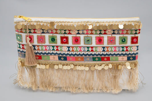 gypsy gold fringe colorful clutch chic outfit for summer morning and evening Clutch bag- summer vibes- summer outfit- beach outfit- fashion- fashionista- trendy bag- hand bag- tote bag- evening bag- chic bag- chic clutch- pouch- egypt