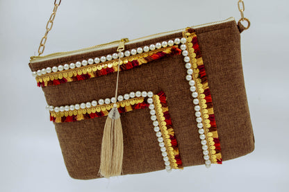 premium chic trendy everyday large clutch bag with gold chain pearls and fringes perfect for summer night outfit