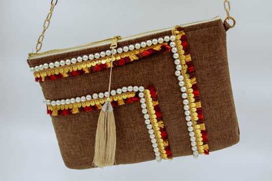 premium chic trendy everyday large clutch bag with gold chain pearls and fringes perfect for summer night outfit