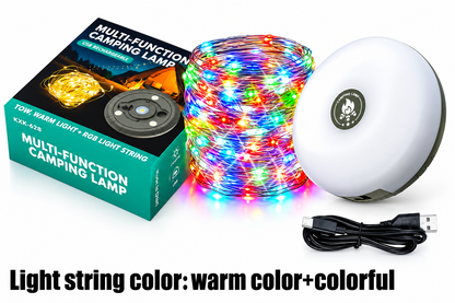 Rechargeable camping lamp with coiled RGB string lights, USB cable and box perfect for camping hiking overlanding 4x4 safari wild wolf adventures cairo egypt