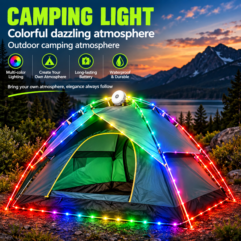 Colourful RGB string lights outlining a camping tent  perfect for family camping overlanding hiking 4x4 safari wild wolf adventures cairo egypt 