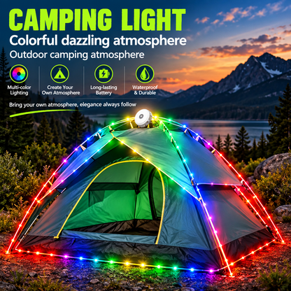 Colourful RGB string lights outlining a camping tent  perfect for family camping overlanding hiking 4x4 safari wild wolf adventures cairo egypt 