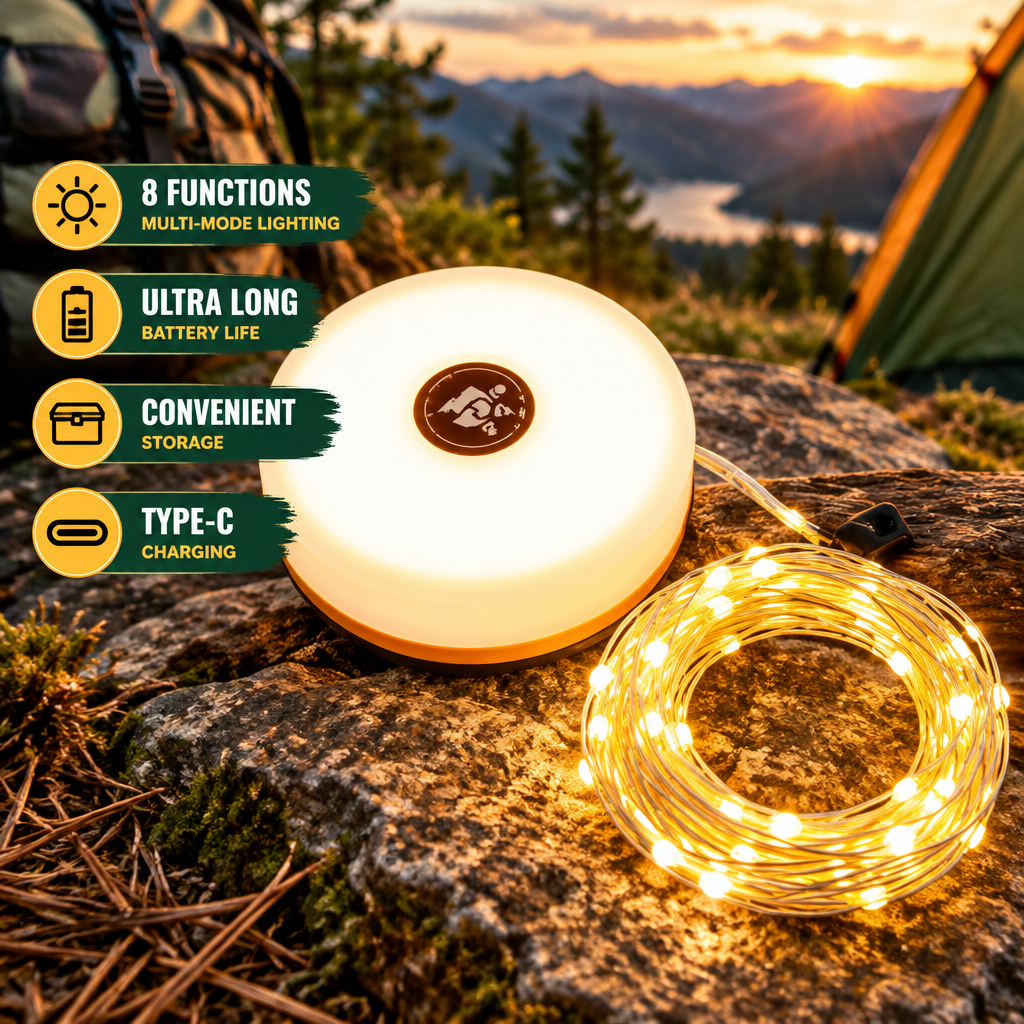 Warm camping string lights and lantern glowing beside a tent perfect for camping overlanding hiking 4x4 safari wild wolf adventures cairo egypt fayoum gouna 